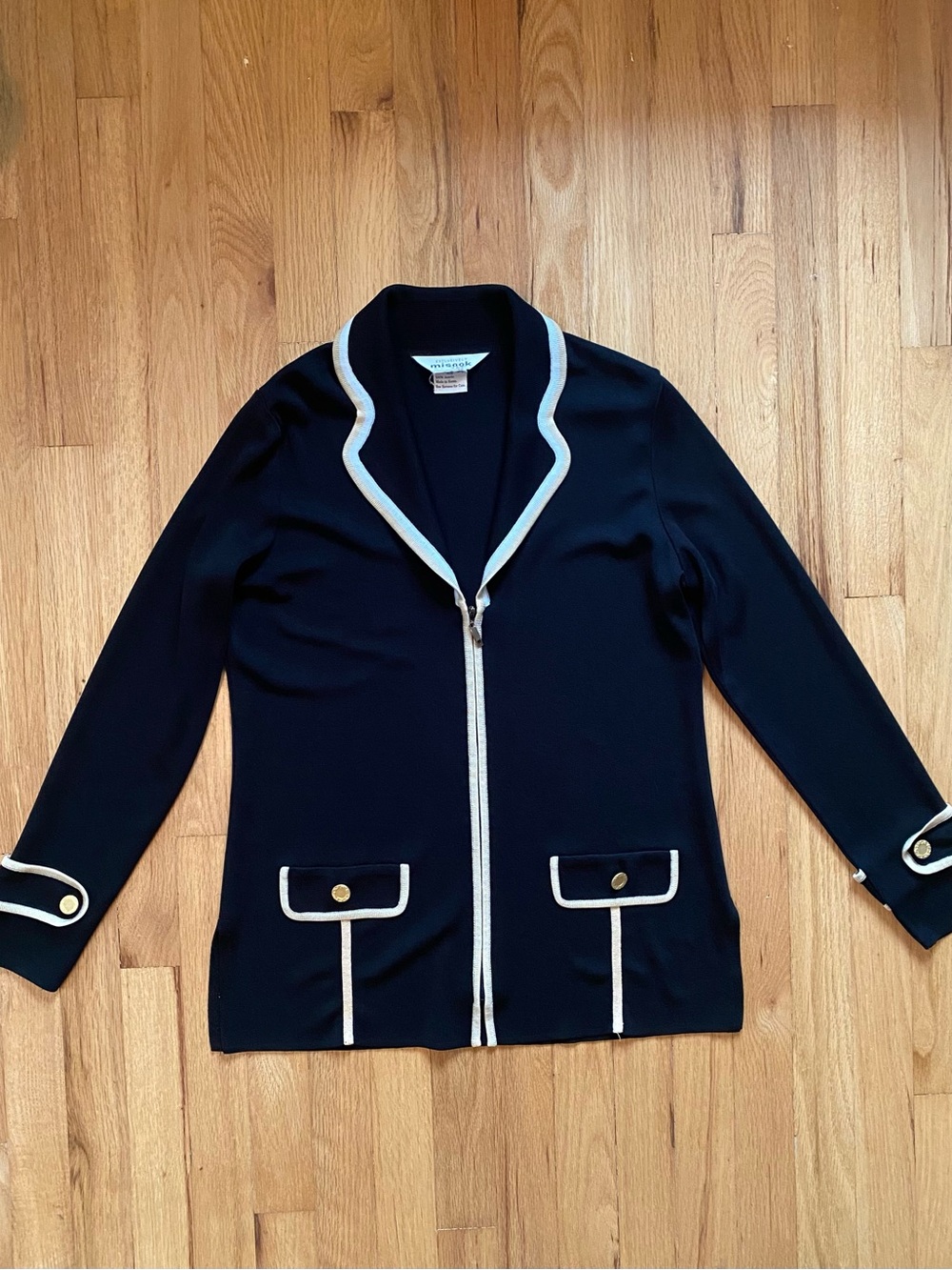 Exclusively Misook black, tan, white knit zip jacket